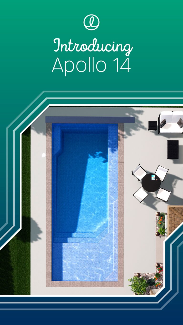 Latham Apollo fiberglass pool, accessible integrated steps — manufacturer product photo. B Cool Pools installs this model across central Oklahoma.