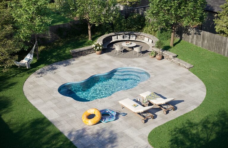 Latham Aruba fiberglass pool with Sapphire Blue gel coat.