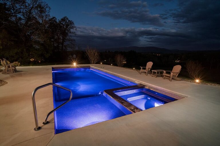 Astoria fiberglass pool, night sky. Installed by B Cool Pools in central Oklahoma.