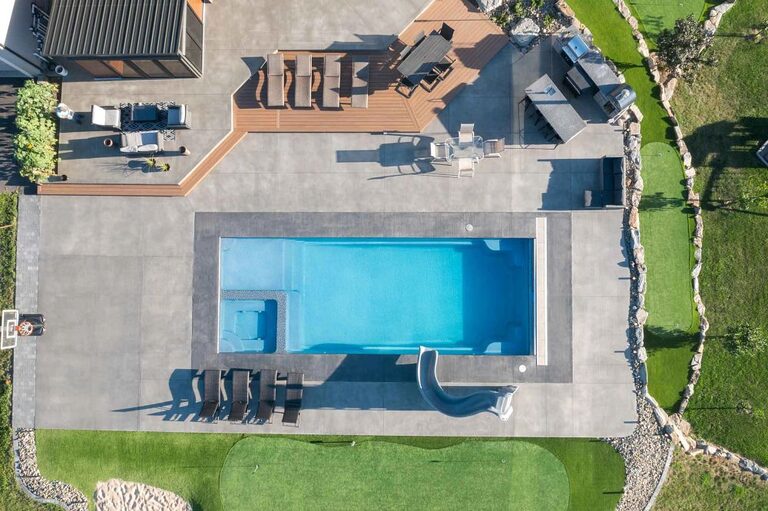 Astoria fiberglass pool — overhead view of a B Cool Pools install in central Oklahoma.