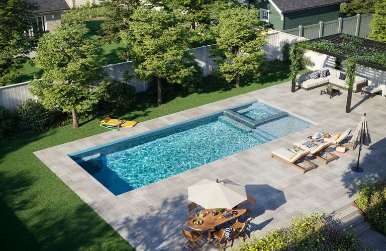 Latham Astoria fiberglass pool, Sapphire gel coat — manufacturer product photo. B Cool Pools installs this model across central Oklahoma.