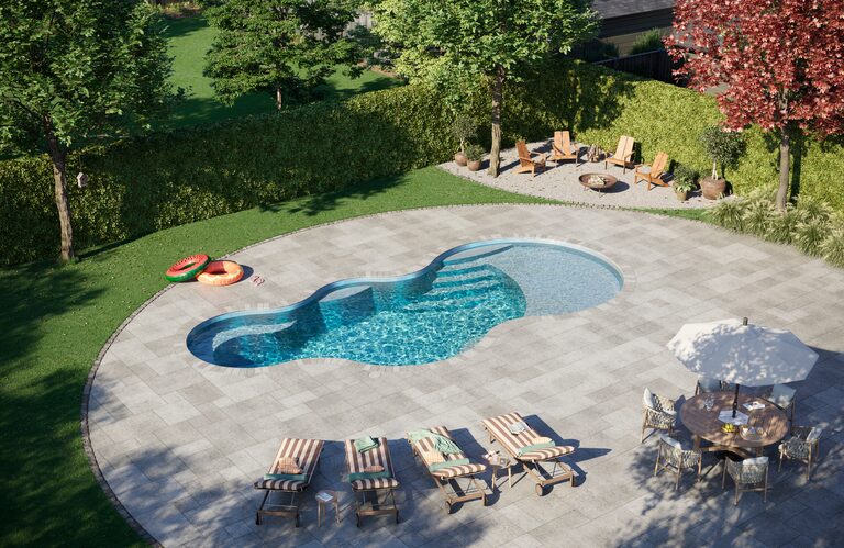 Latham Axiom 16 fiberglass pool with Sapphire Blue gel coat.