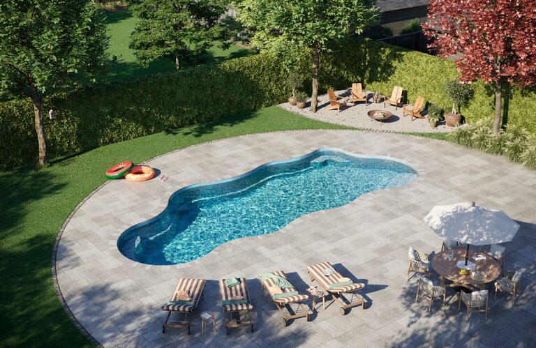 Latham fiberglass pool, Sapphire gel coat — manufacturer product photo. B Cool Pools installs Latham pools across central Oklahoma.