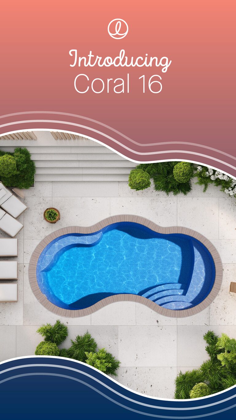 Latham Coral fiberglass pool, tanning ledge — manufacturer product photo. B Cool Pools installs this model across central Oklahoma.