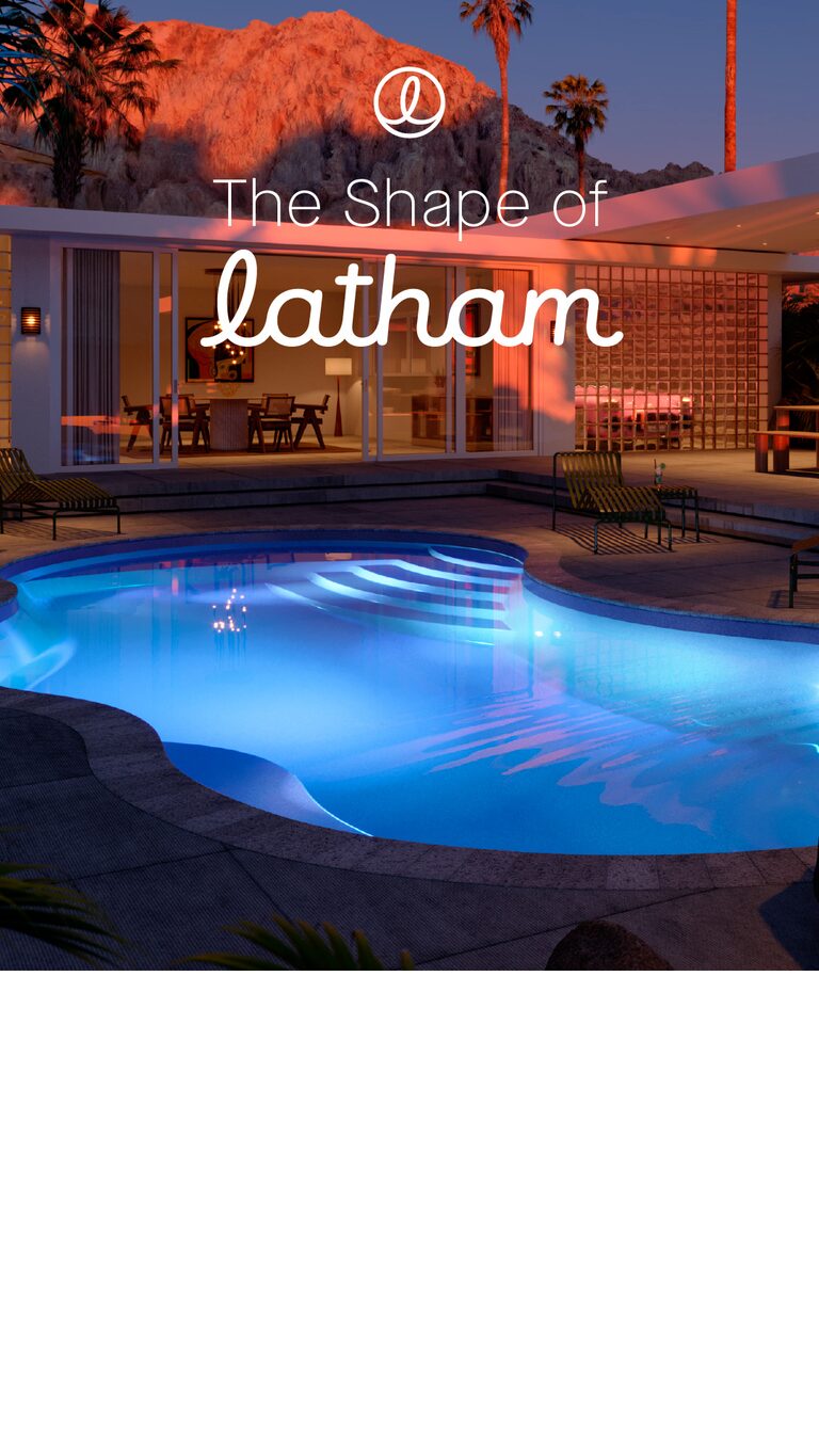 Latham Coral fiberglass pool, tanning ledge — manufacturer product photo. B Cool Pools installs this model across central Oklahoma.