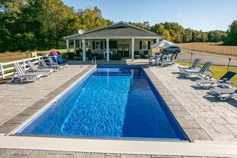 Corinthian fiberglass pool — a real B Cool Pools install in central Oklahoma.