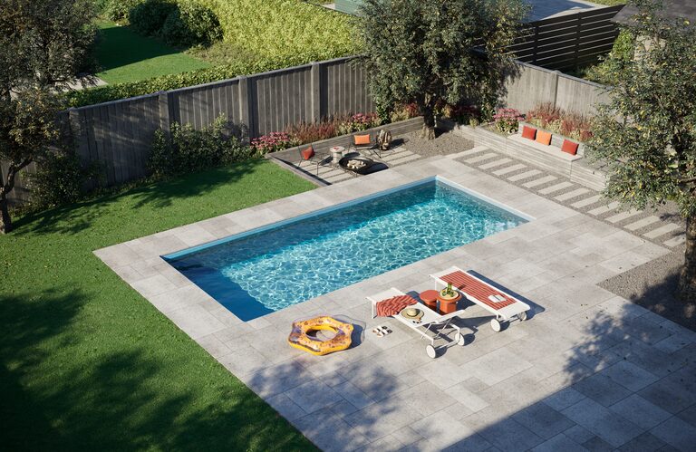 Latham Delray fiberglass pool with Sapphire Blue gel coat.