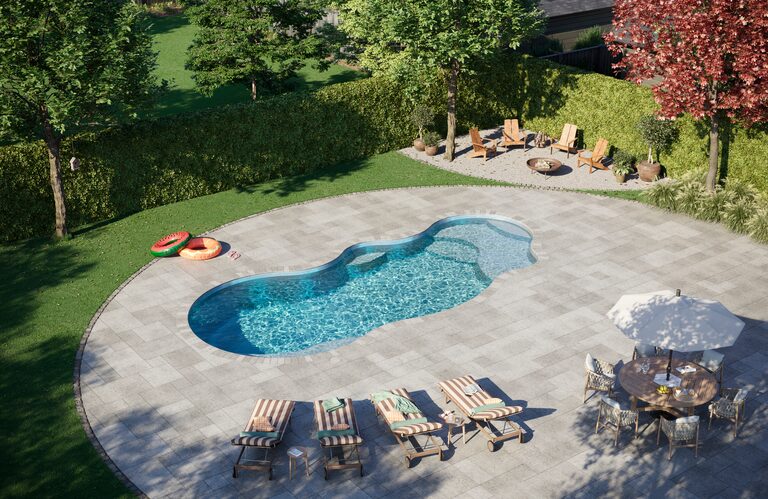 Latham Fiji fiberglass pool, Sapphire gel coat — manufacturer product photo. B Cool Pools installs this model across central Oklahoma.