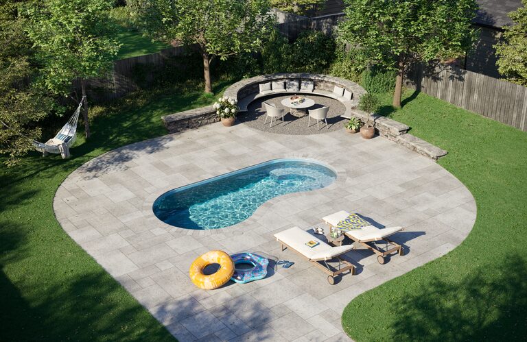 Latham Jamaica fiberglass pool, Sapphire gel coat — manufacturer product photo. B Cool Pools installs this model across central Oklahoma.