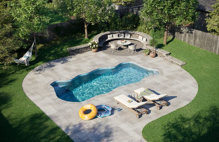 Latham Key West fiberglass pool with Sapphire Blue gel coat.