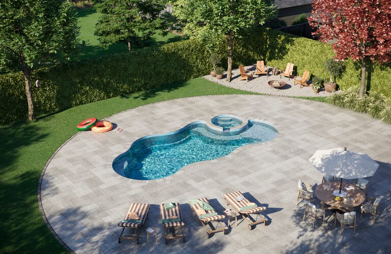 Latham fiberglass pool, Sapphire gel coat — manufacturer product photo. B Cool Pools installs Latham pools across central Oklahoma.