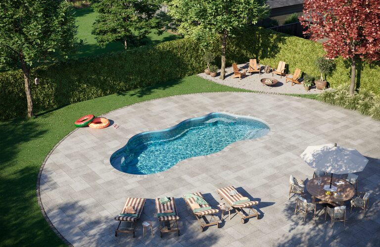Latham fiberglass pool, Sapphire gel coat — manufacturer product photo. B Cool Pools installs Latham pools across central Oklahoma.