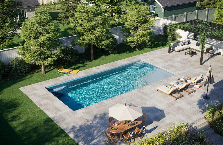 Latham Olympia fiberglass pool, Sapphire gel coat — manufacturer product photo. B Cool Pools installs this model across central Oklahoma.