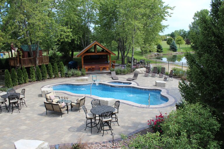 Fiberglass pool, viking Caribbean scaled. Installed by B Cool Pools in central Oklahoma.
