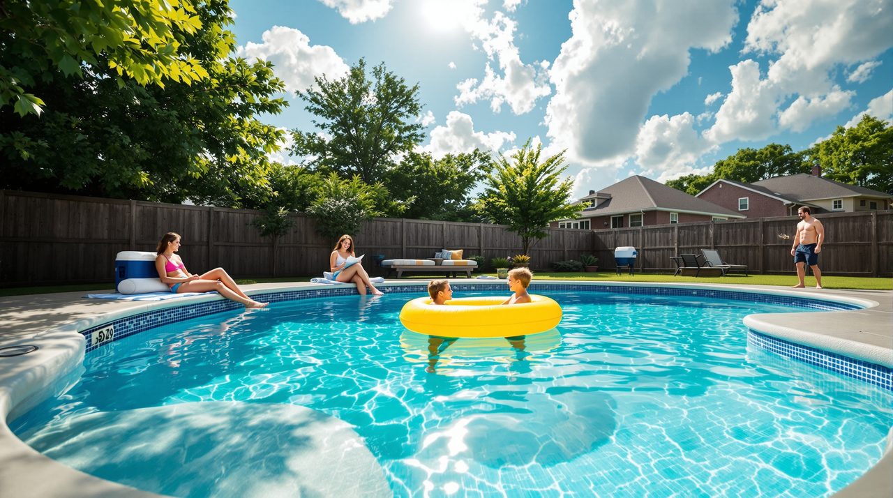 Family at a Corinthian fiberglass pool on a Saturday afternoon — kid on a yellow float, wood fence, classic Oklahoma backyard