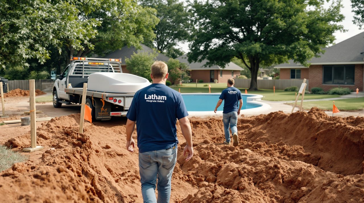 Latham installer truck arriving at a pool dig site in central Oklahoma