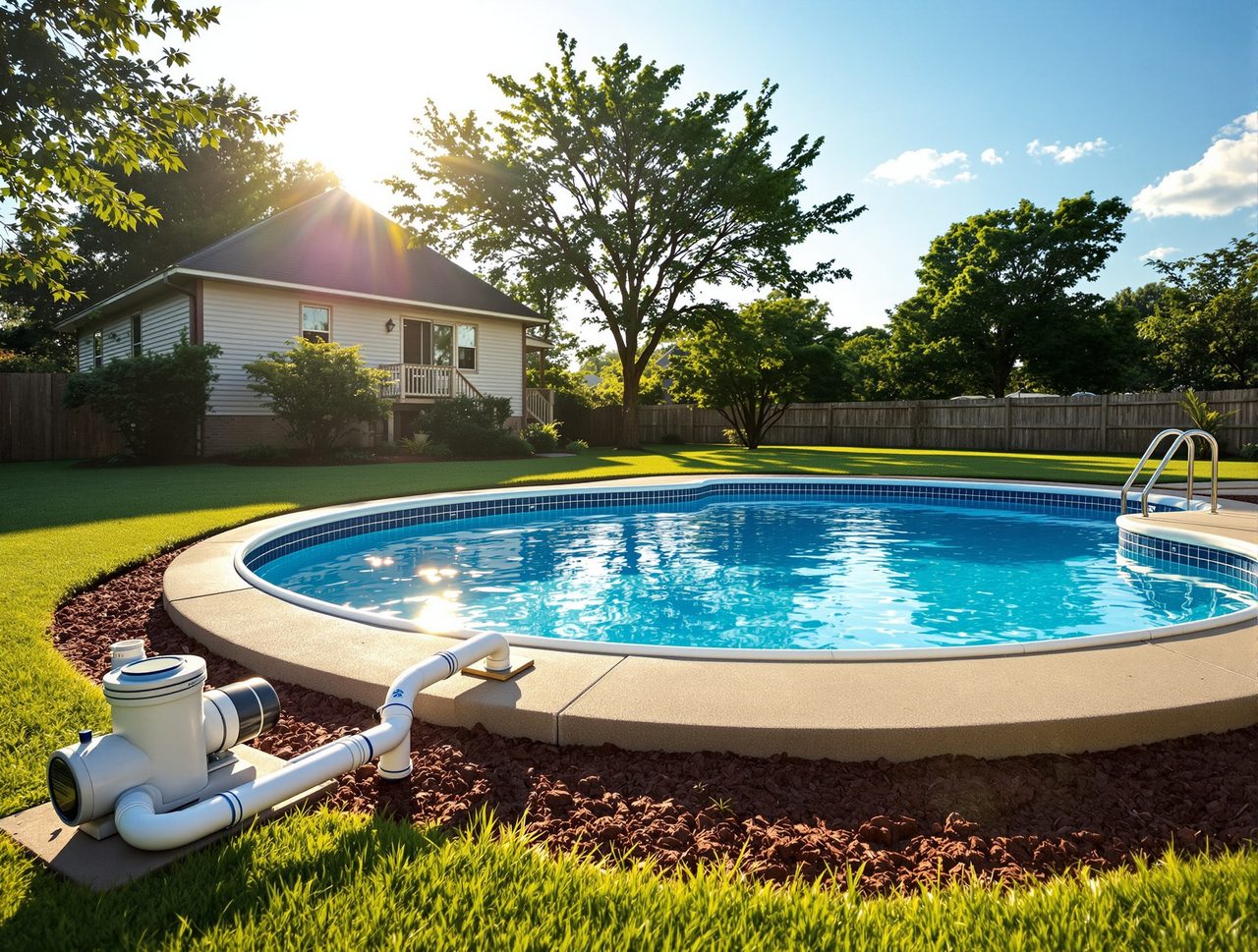 Pool equipment pad plumbed and set at a finished central Oklahoma install