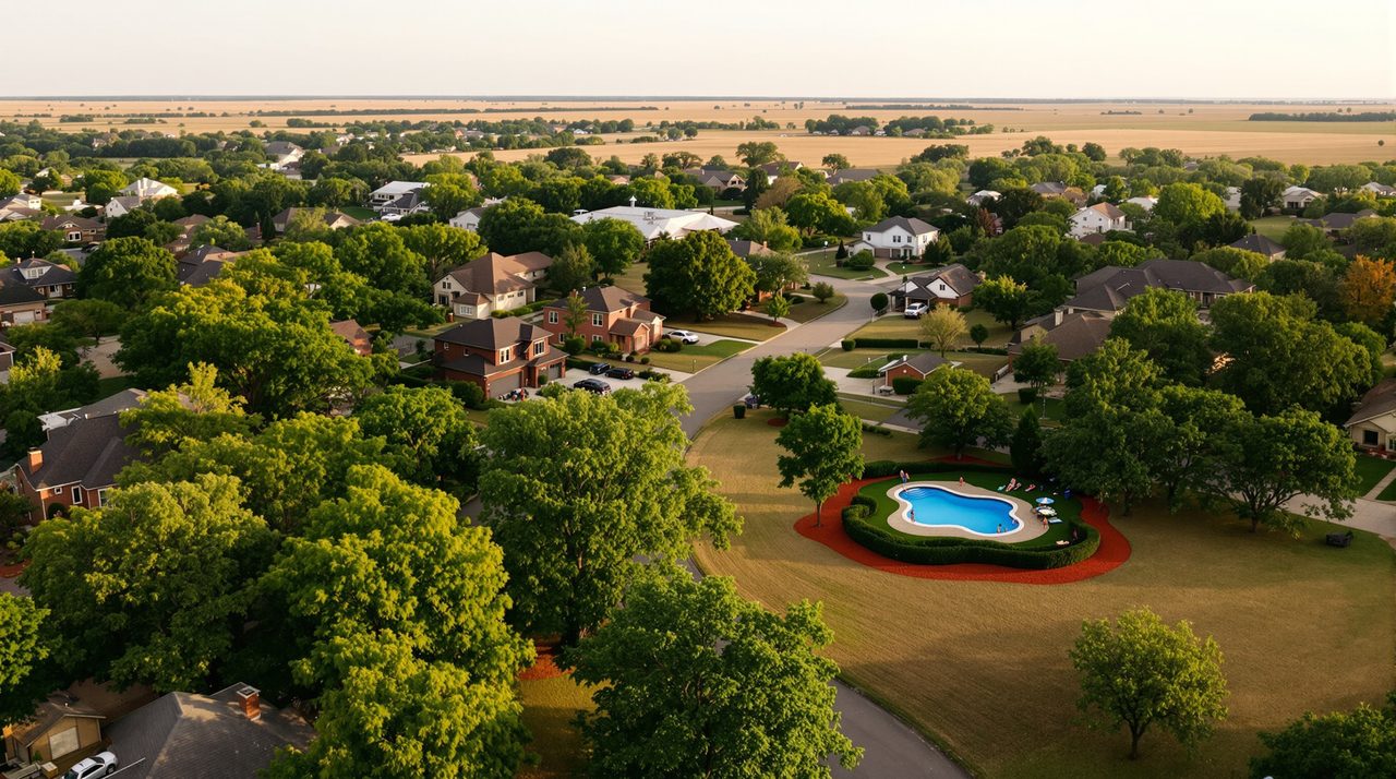 Aerial view of a central Oklahoma neighborhood with a backyard fiberglass pool surrounded by post-oak trees and prairie horizon